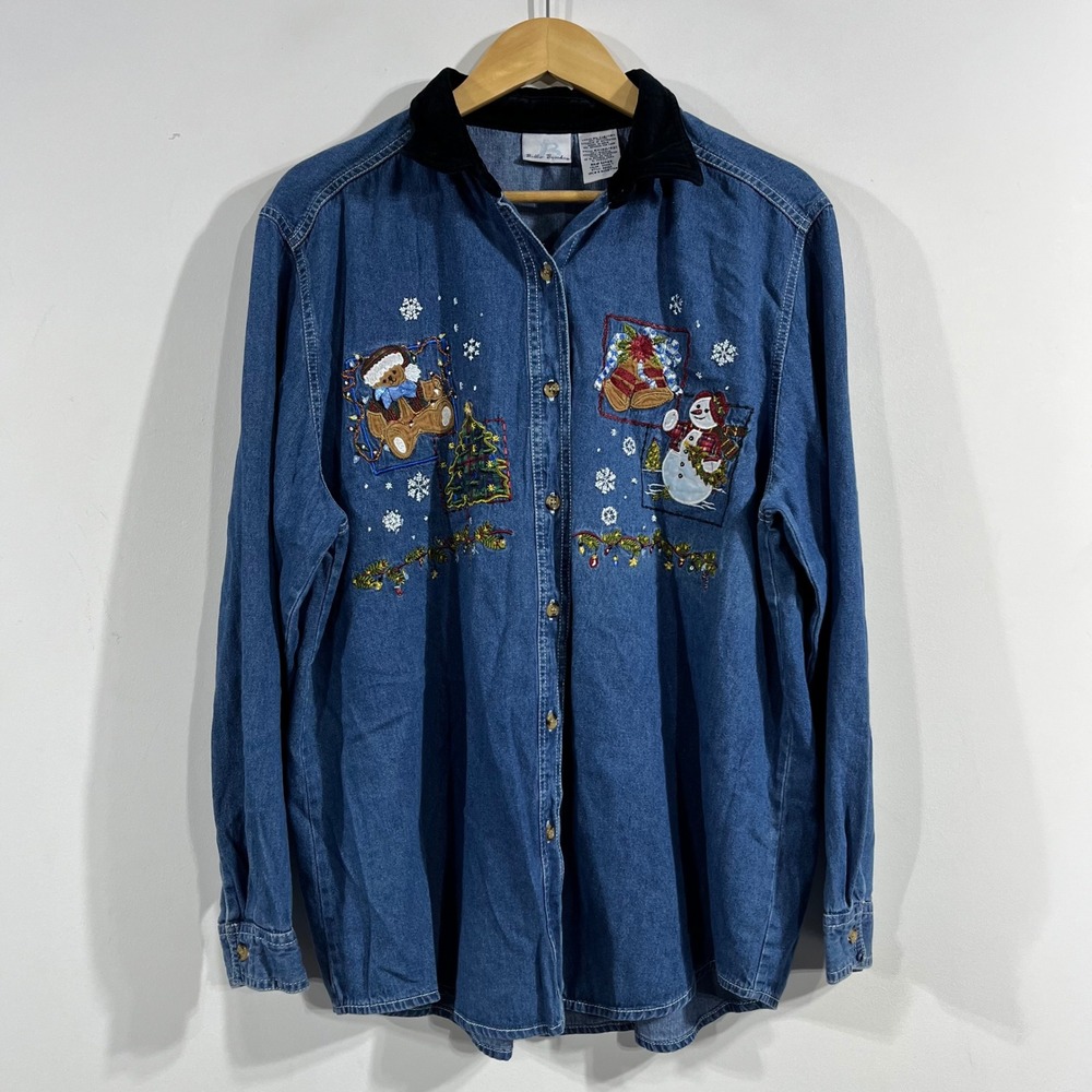 Bobbie Brooks VTG 90s Cottagecore Christmas Denim Shirt XL Snowman Bear Boho
